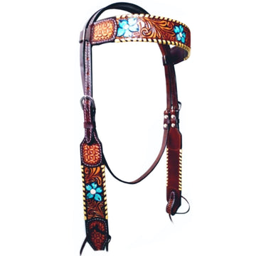 Bar H Equine Horse Leather Turquoise Floral Hand Painted One Ear Headstall Brown